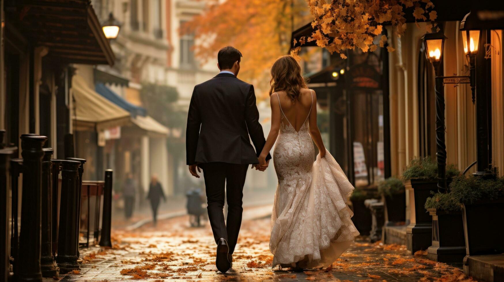 AI generated A bride and groom sharing a tender moment while taking a romantic stroll in a charming city photo