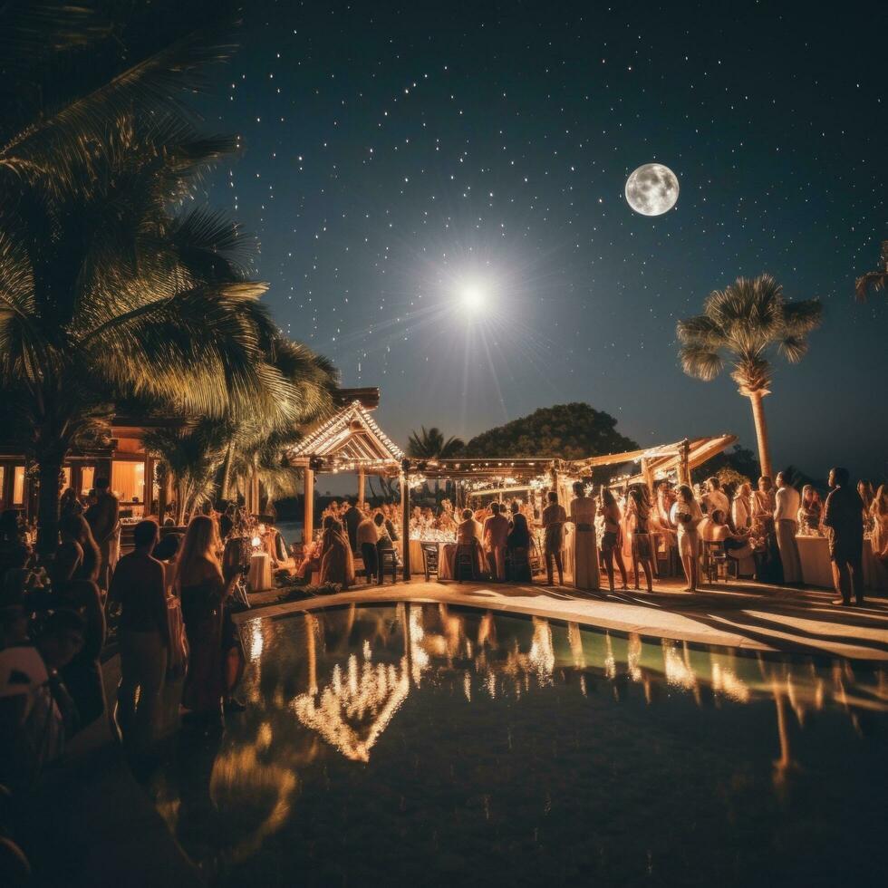 AI generated A beautiful shot of the moon reflecting on the water, with the beach party scene in the background photo