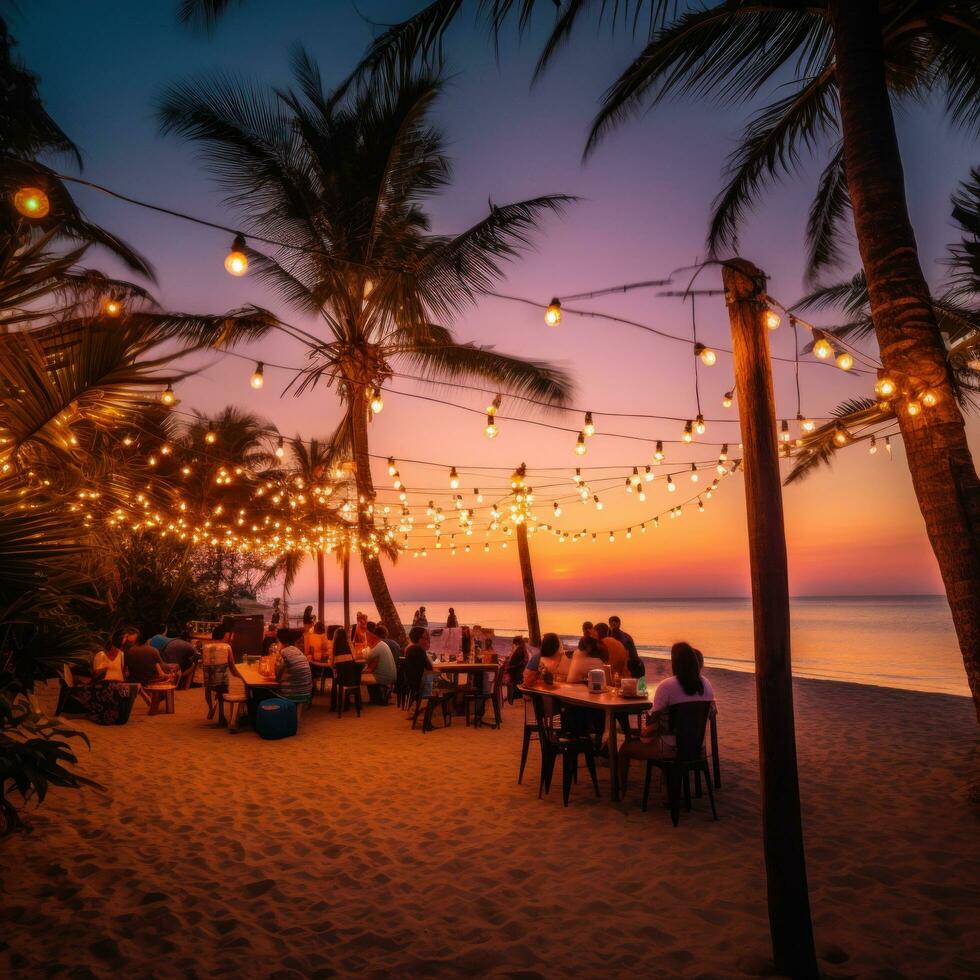 AI generated A beach party at dusk with palm trees silhouetted against a pink and orange sky photo