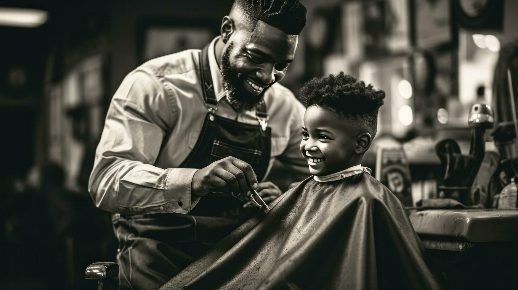 ai generado un negro y blanco foto de un Barbero corte un joven Niños pelo