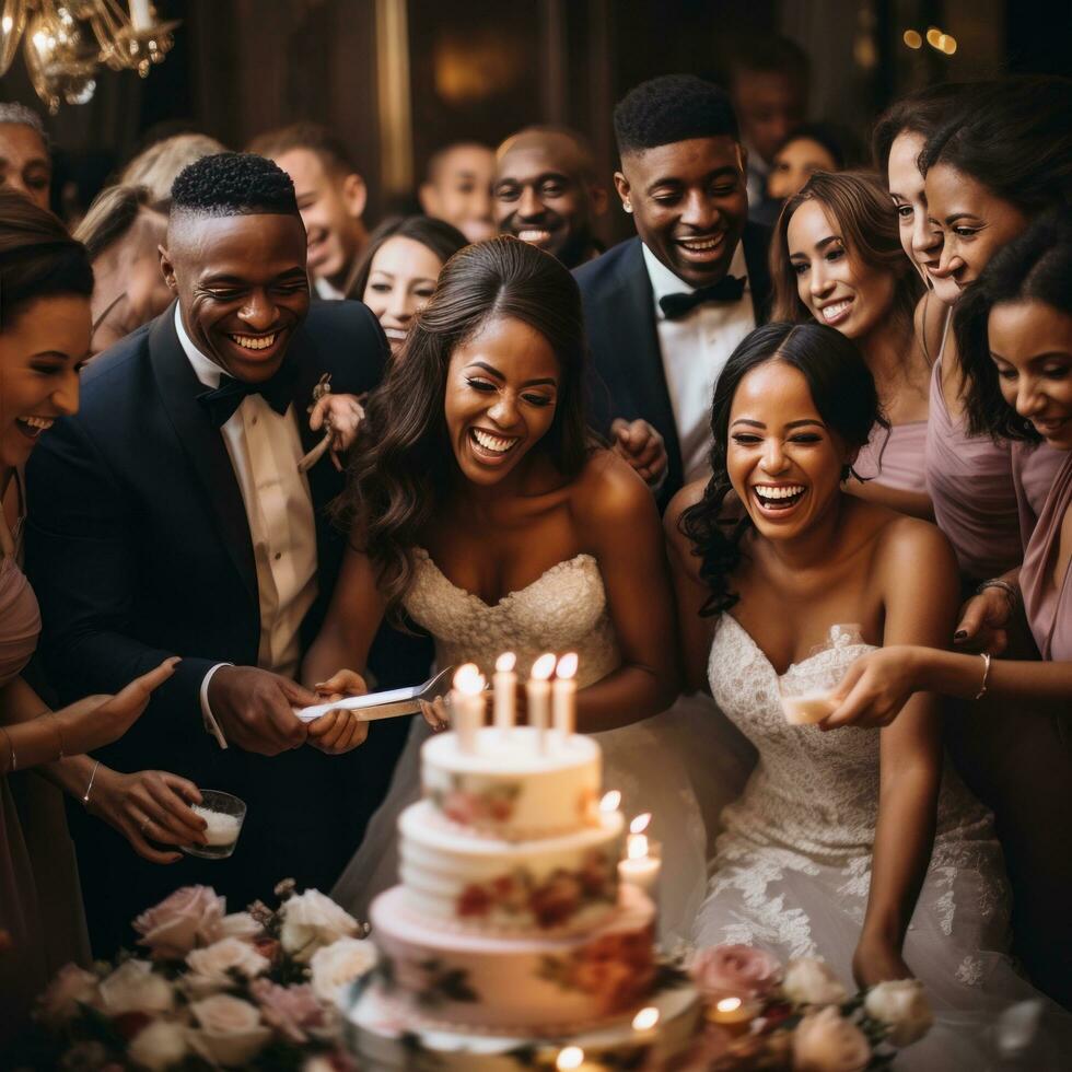 AI generated A bride and groom cutting their wedding cake surrounded by their joyful guests photo