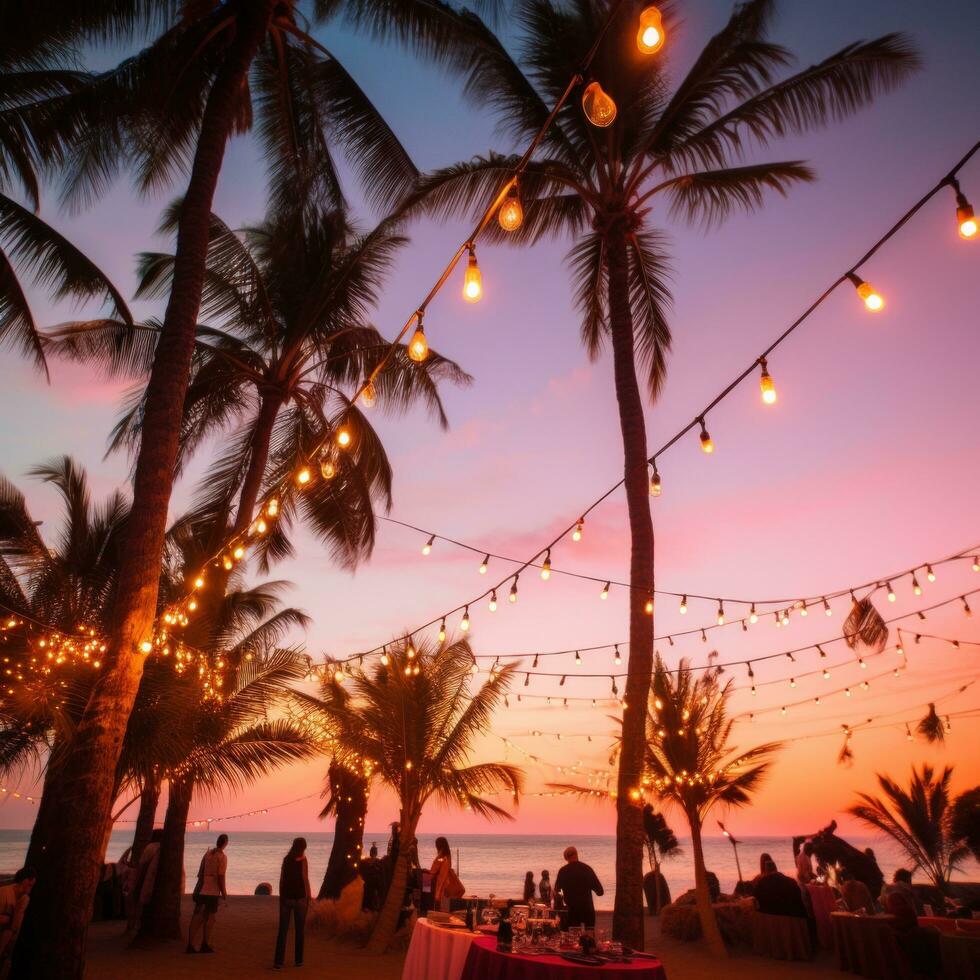 AI generated A beach party at dusk with palm trees silhouetted against a pink and orange sky photo