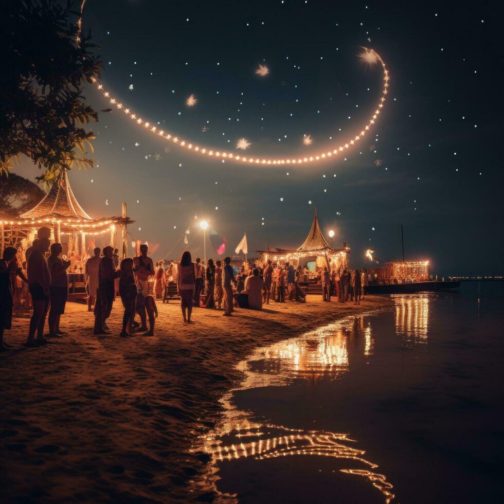 ai generado un hermosa Disparo de el Luna reflejando en el agua, con el playa fiesta escena en el antecedentes foto