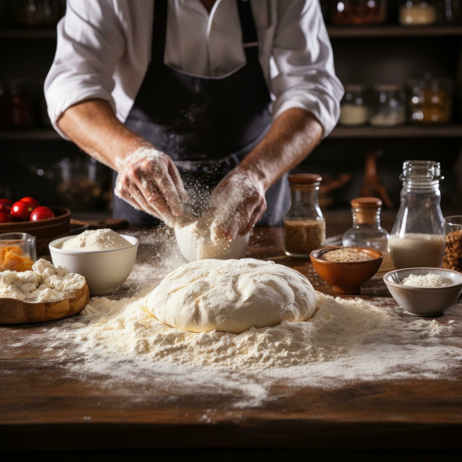 AI generated A candid shot of a baker dusting flour onto a work surface