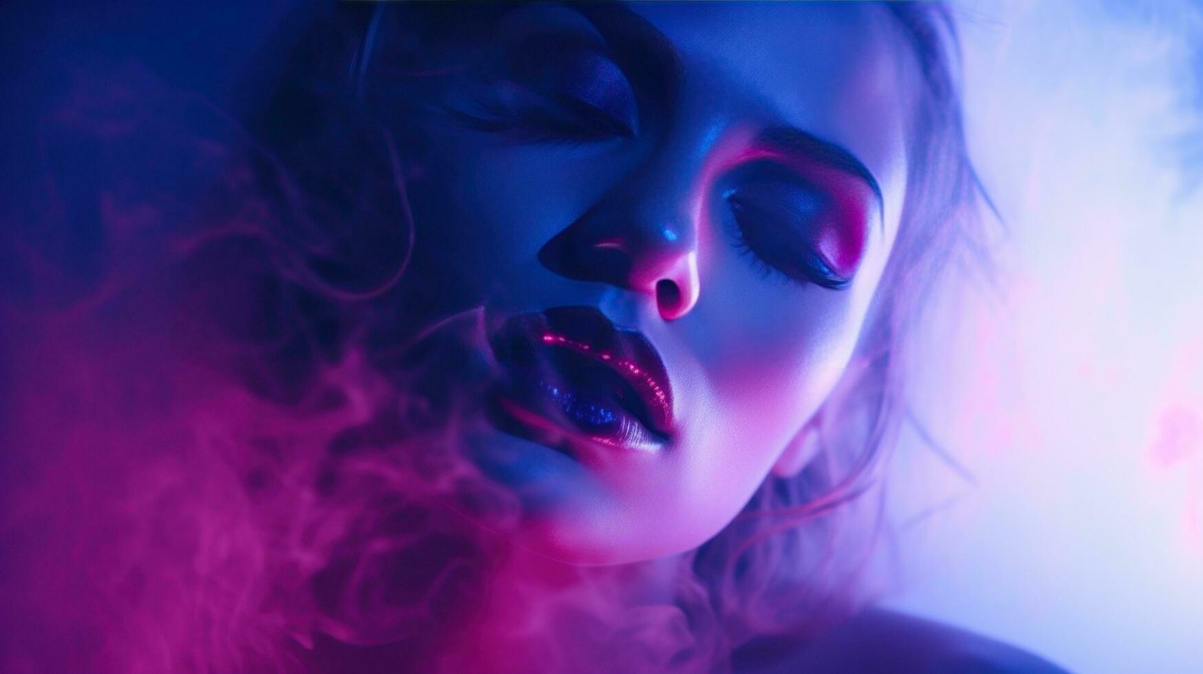 AI generated beautiful woman's face with dramatic makeup, dancing in a haze of fog and neon light photo