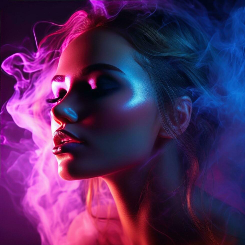 AI generated beautiful woman's face with dramatic makeup, dancing in a haze of fog and neon light photo