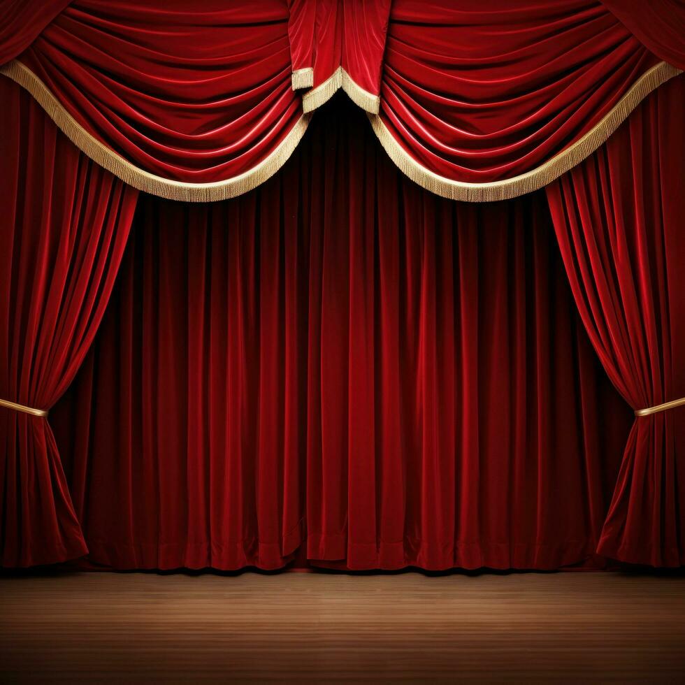 AI generated A classic theater stage with red velvet curtains and customizable copy text photo