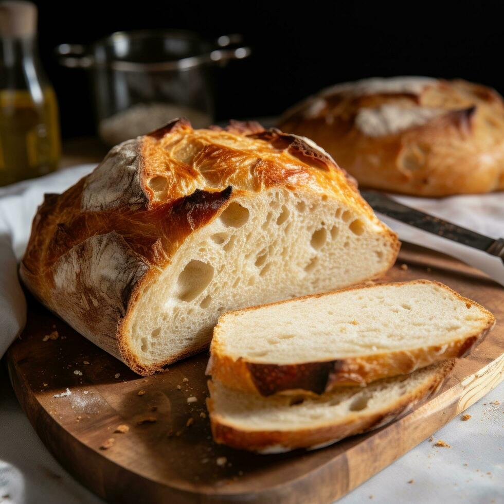 AI generated The crust of freshly baked bread is golden and crispy, while the inside is soft and fluffy photo