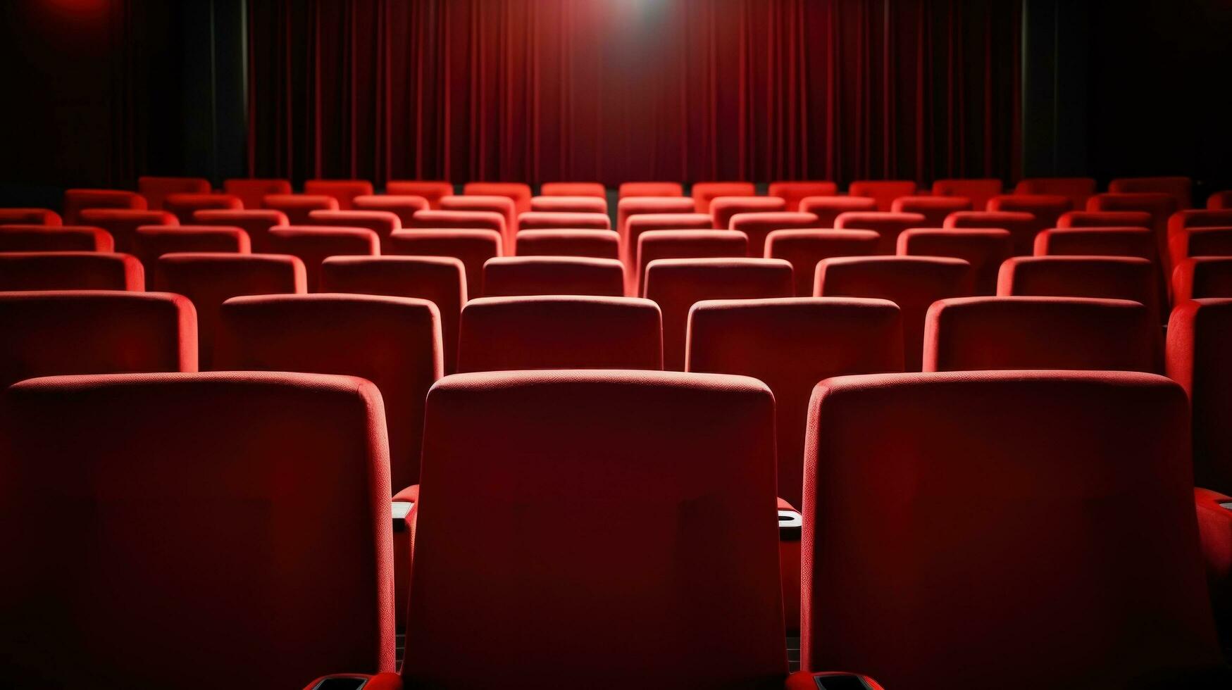 AI generated empty movie theater seats with a blank screen in the background, photo