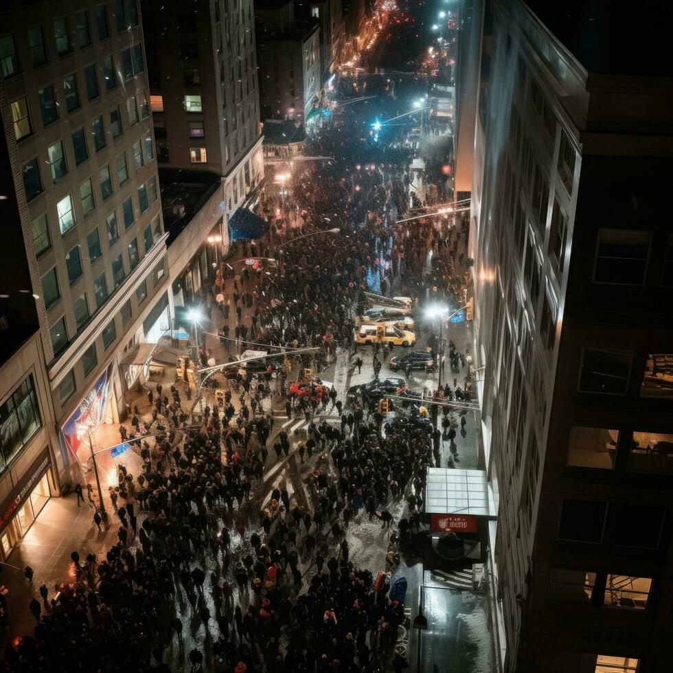 AI generated the streets are filled with revelers, wrapped in warm coats, hats, and scarves photo