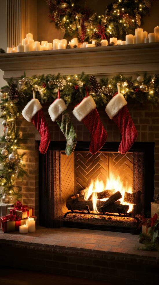 AI generated fireplace adorned with garland, twinkling lights, and stockings hung photo