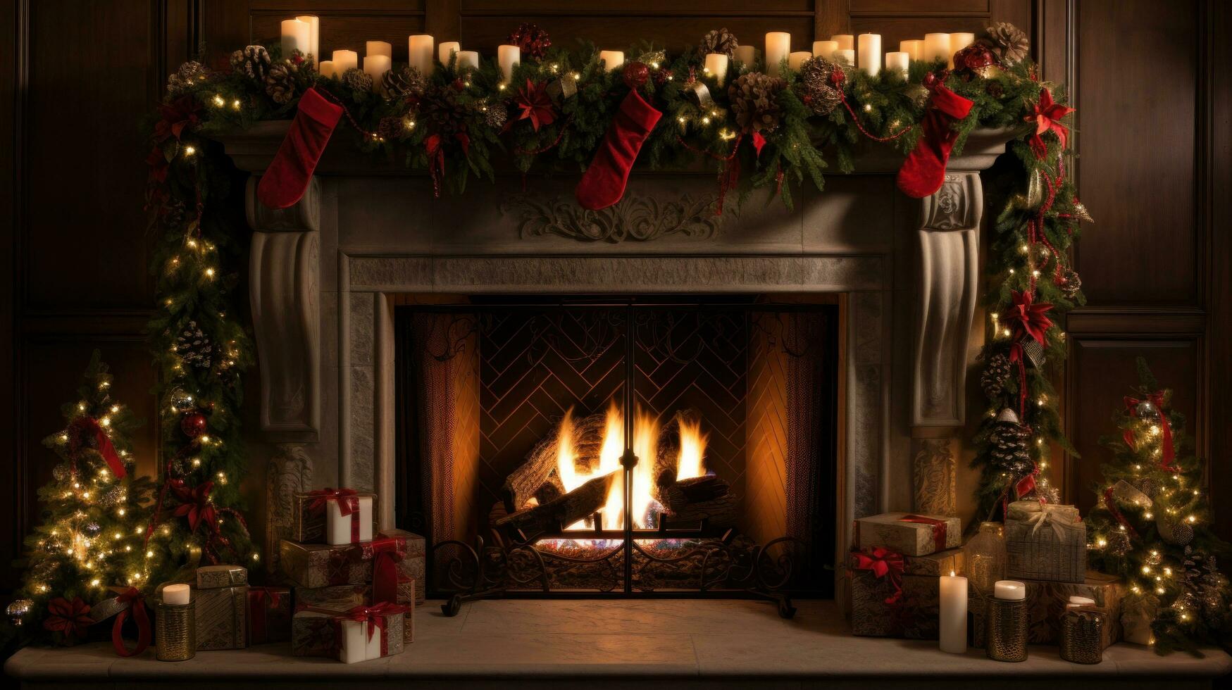 AI generated fireplace adorned with garland, twinkling lights, and stockings hung photo