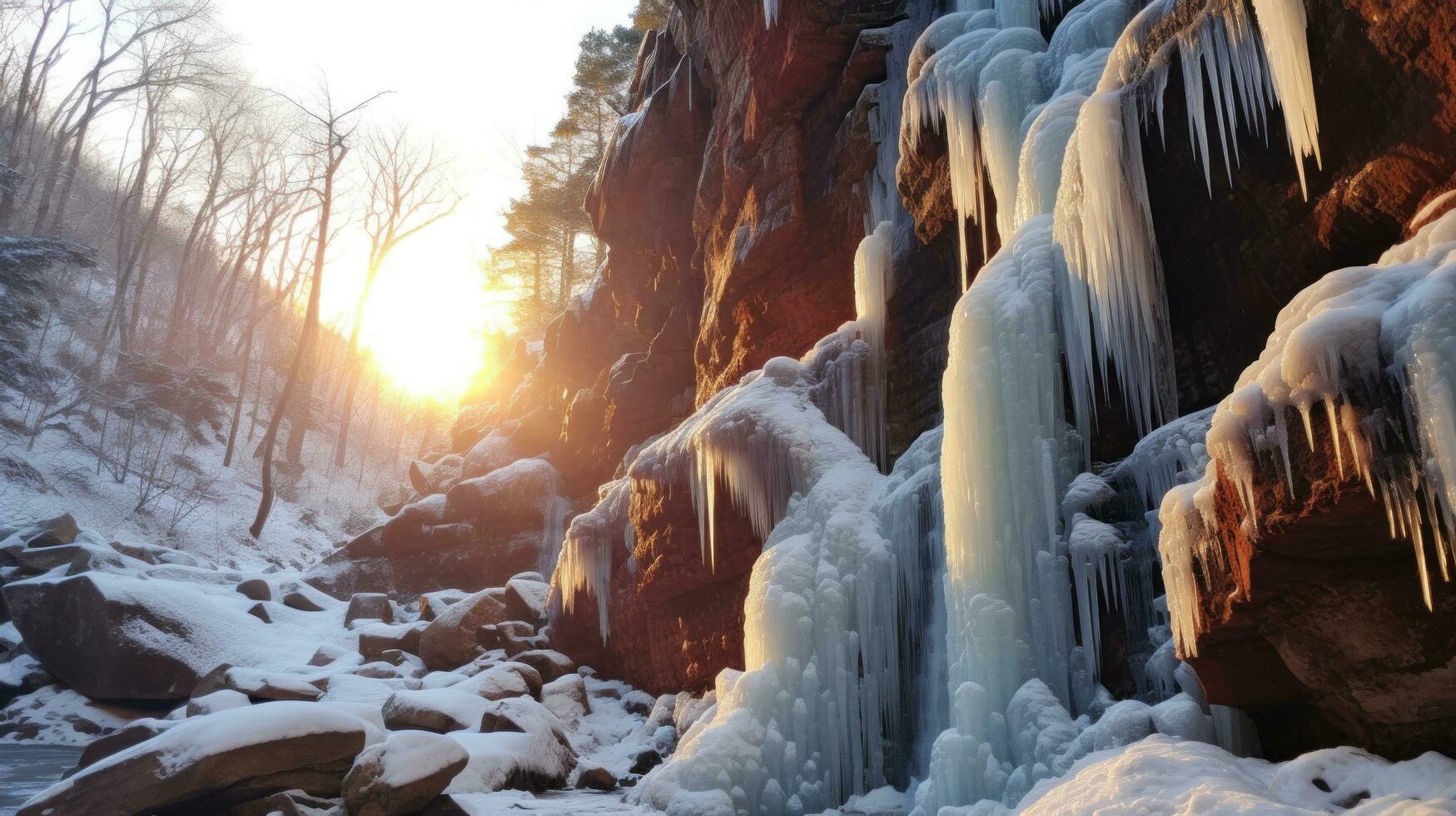 AI generated frozen waterfalls and icicles hanging from the cliffs photo