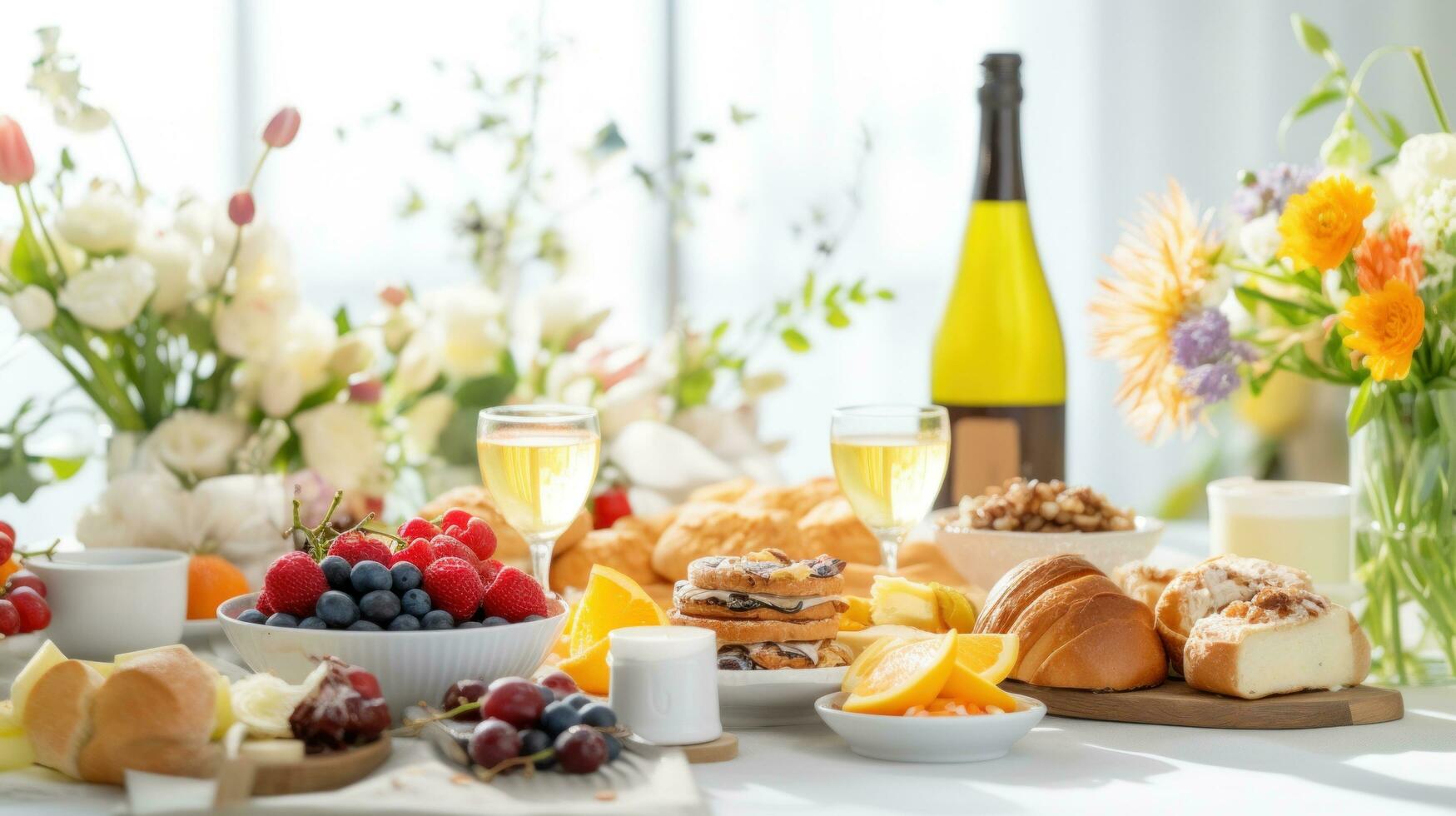 AI generated Easter brunch items, including pastries, fruits, and beverages, set against a festive background photo