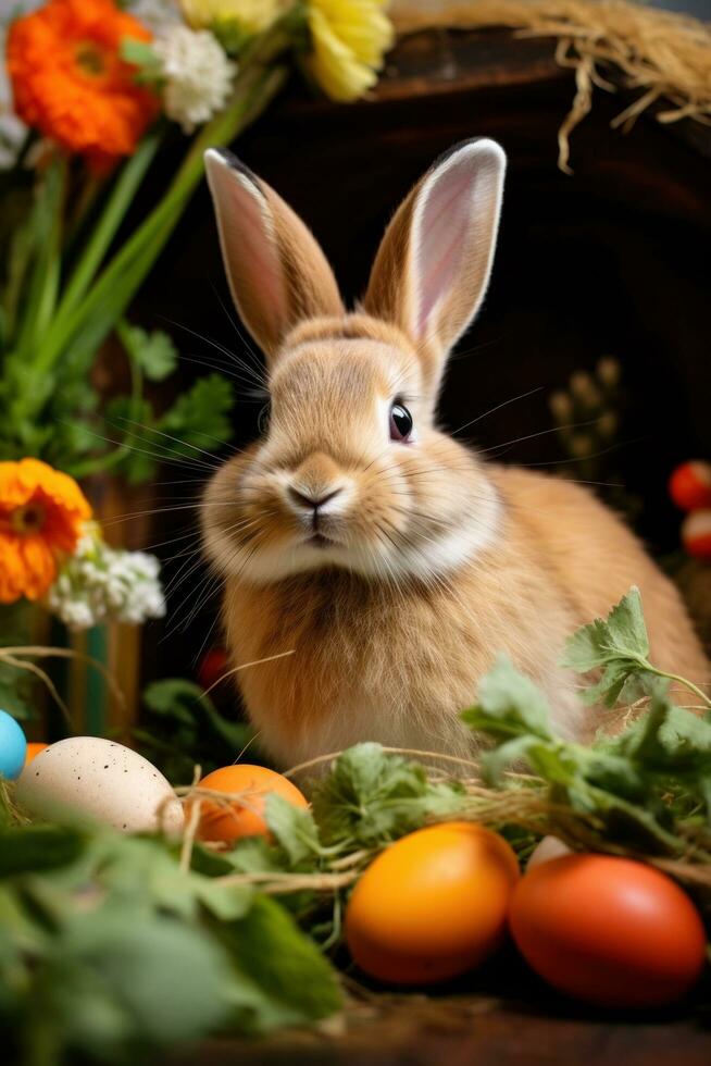 ai generado un caprichoso foto de un conejito masticando en un zanahoria, con Pascua de Resurrección huevos y primavera flores