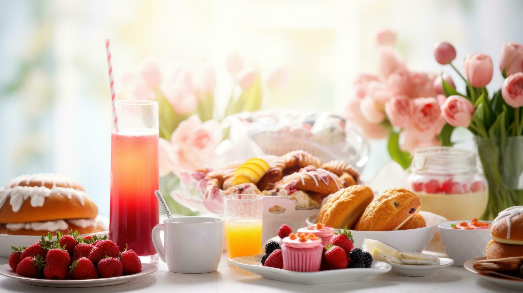 AI generated Easter brunch items, including pastries, fruits, and beverages, set against a festive background photo