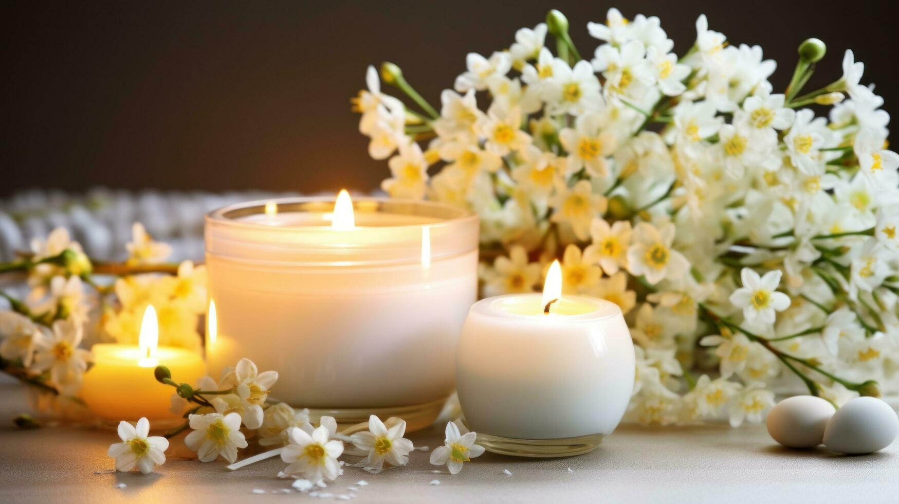 ai generado un elegante con tema de Pascua preparar presentando flores, velas, y decoraciones, foto