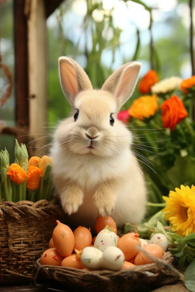 ai generado un caprichoso foto de un conejito masticando en un zanahoria, con Pascua de Resurrección huevos y primavera flores