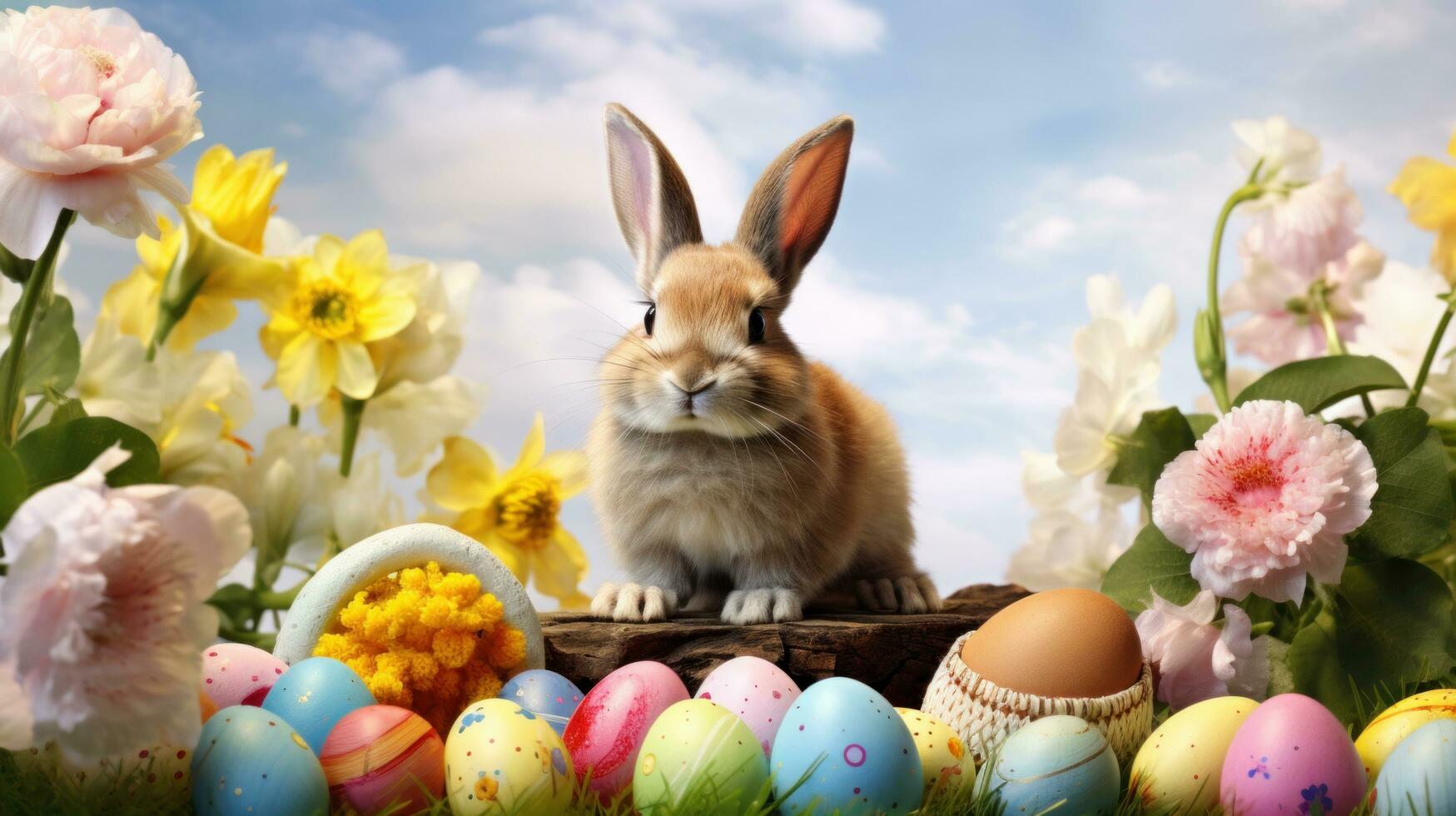 AI generated A whimsical photo of a bunny munching on a carrot, with Easter eggs and spring flowers