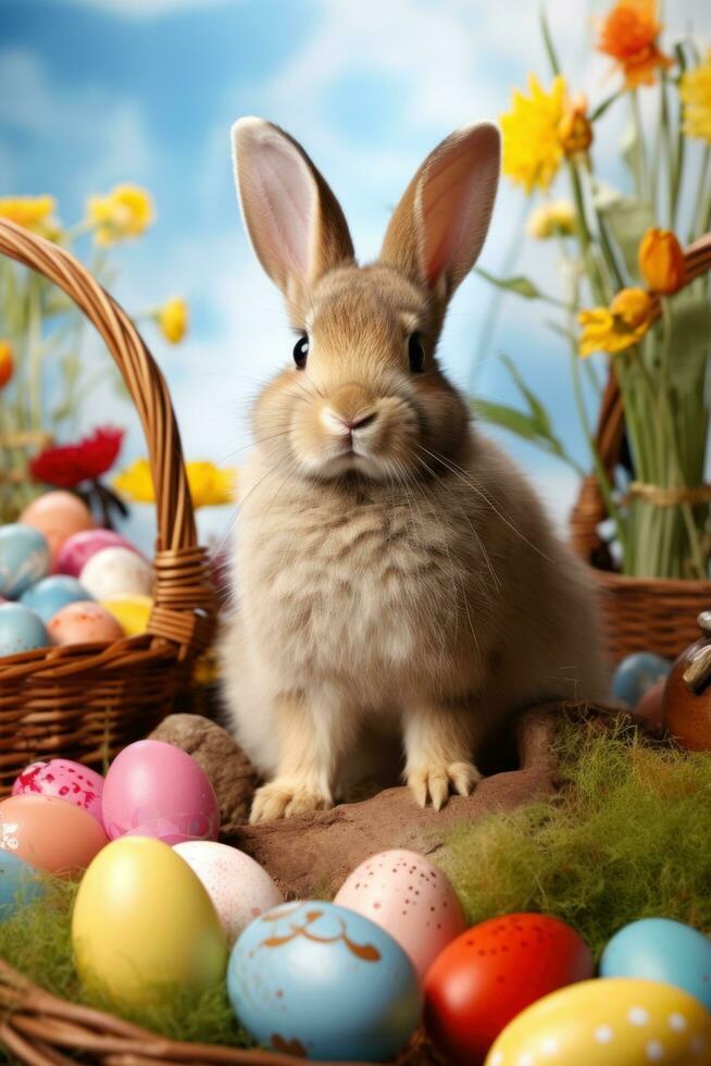 ai generado un caprichoso foto de un conejito masticando en un zanahoria, con Pascua de Resurrección huevos y primavera flores