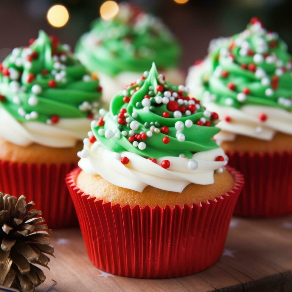 AI generated beautifully decorated cupcakes with festive red and green icing and edible Christmas decorations photo