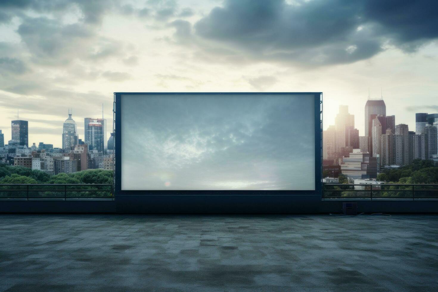 AI generated cinema screen with a cityscape in the background photo