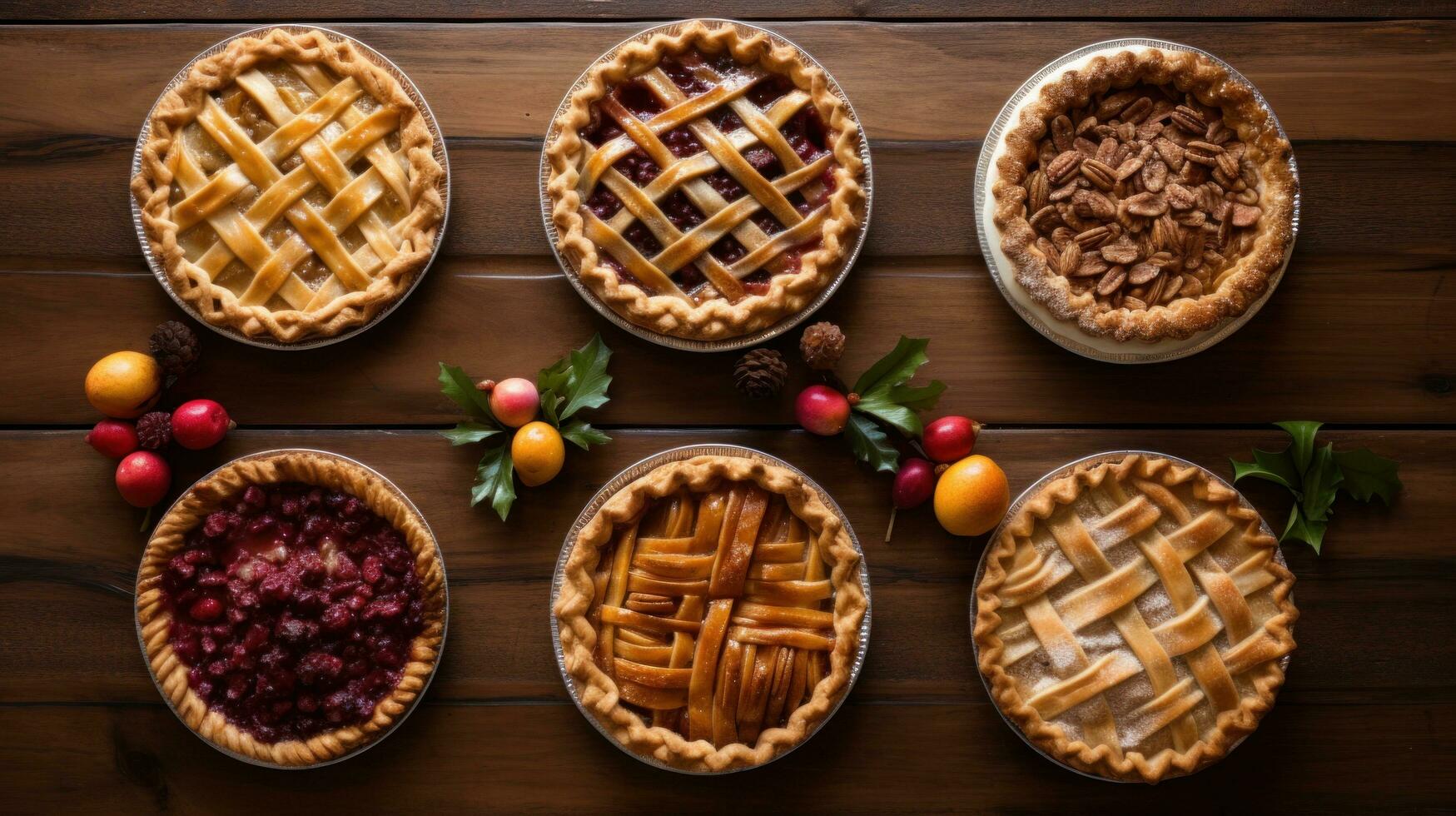 AI generated pies, including apple, pumpkin, and pecan, all with a festive Christmas twist photo