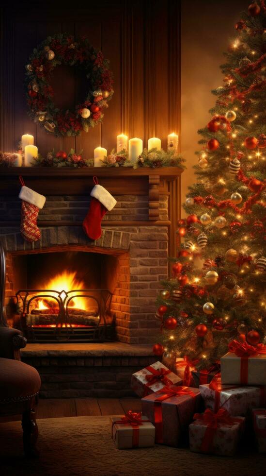 AI generated decorated Christmas tree, presents, and a roaring fire in the fireplace photo