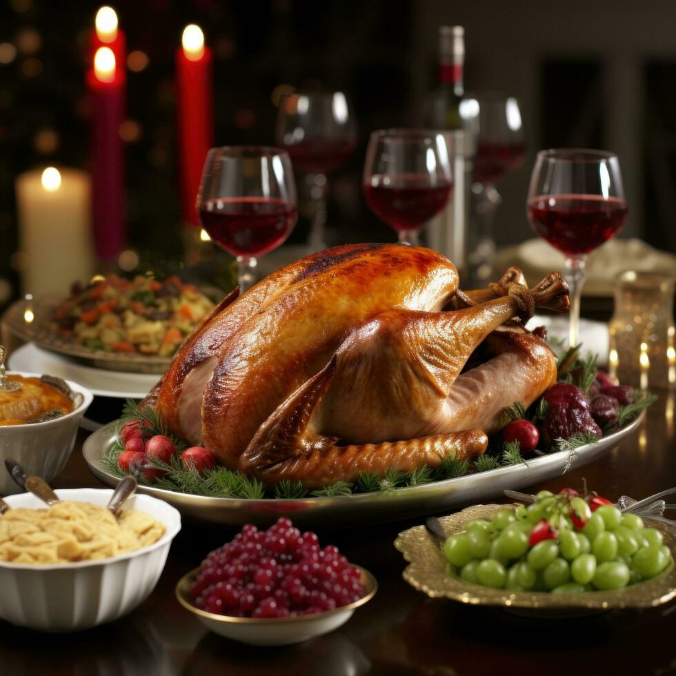 AI generated beautifully decorated dining table with a roasted turkey, cranberry sauce, and various side dishes photo