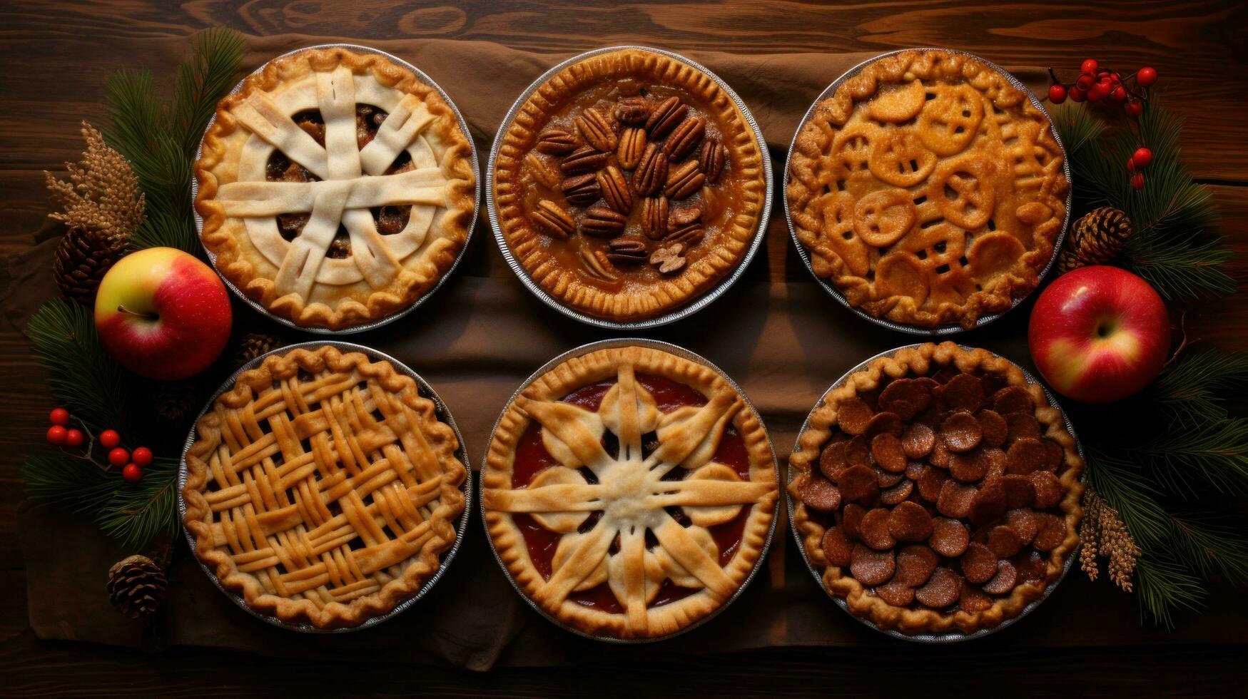 ai generado empanadas, incluso manzana, calabaza, y pacana, todas con un festivo Navidad giro foto