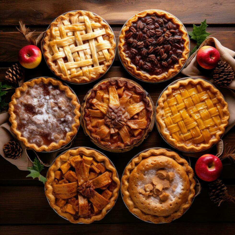 ai generado empanadas, incluso manzana, calabaza, y pacana, todas con un festivo Navidad giro foto