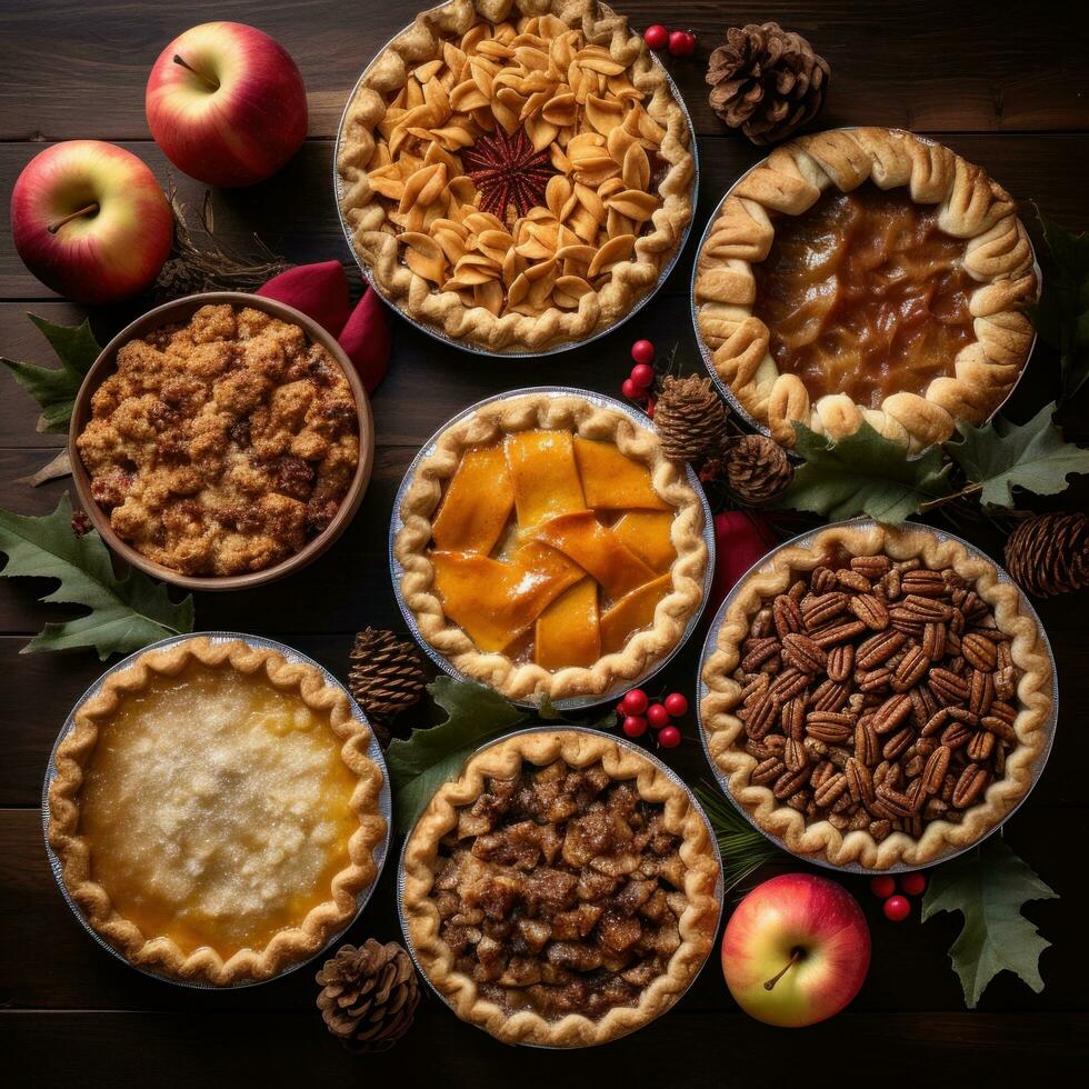 AI generated pies, including apple, pumpkin, and pecan, all with a festive Christmas twist photo