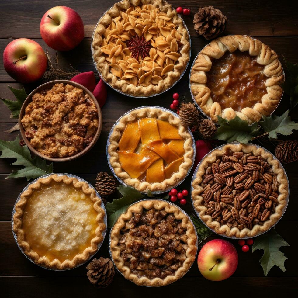 ai generado empanadas, incluso manzana, calabaza, y pacana, todas con un festivo Navidad giro foto