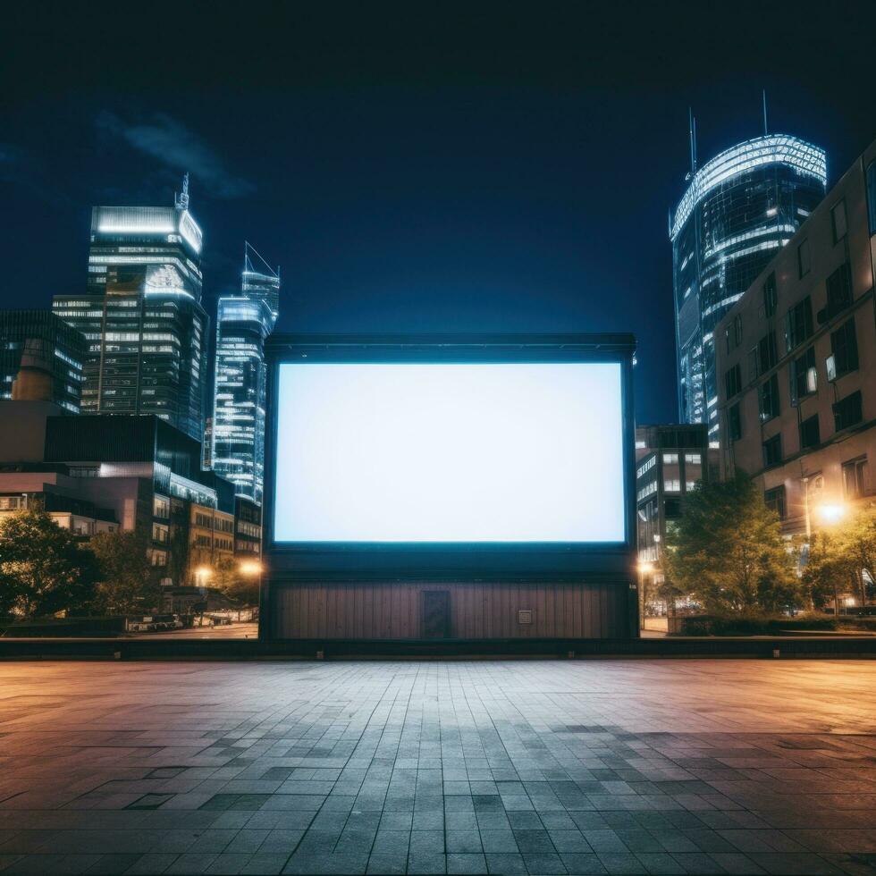 AI generated cinema screen with a cityscape in the background photo