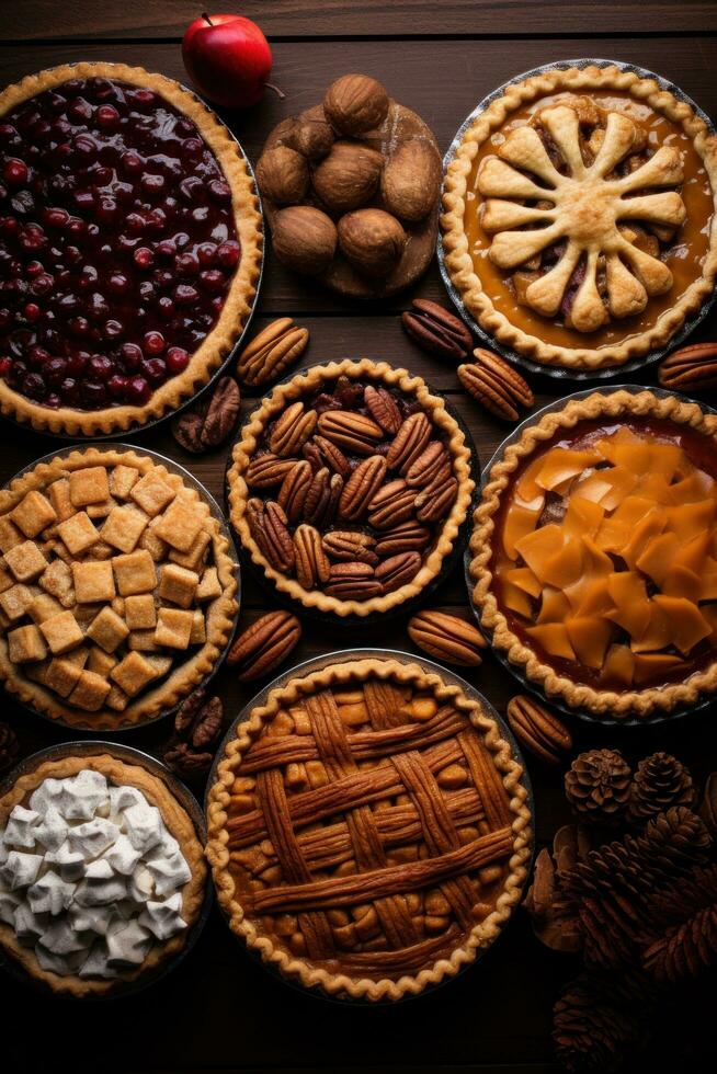AI generated pies, including apple, pumpkin, and pecan, all with a festive Christmas twist photo