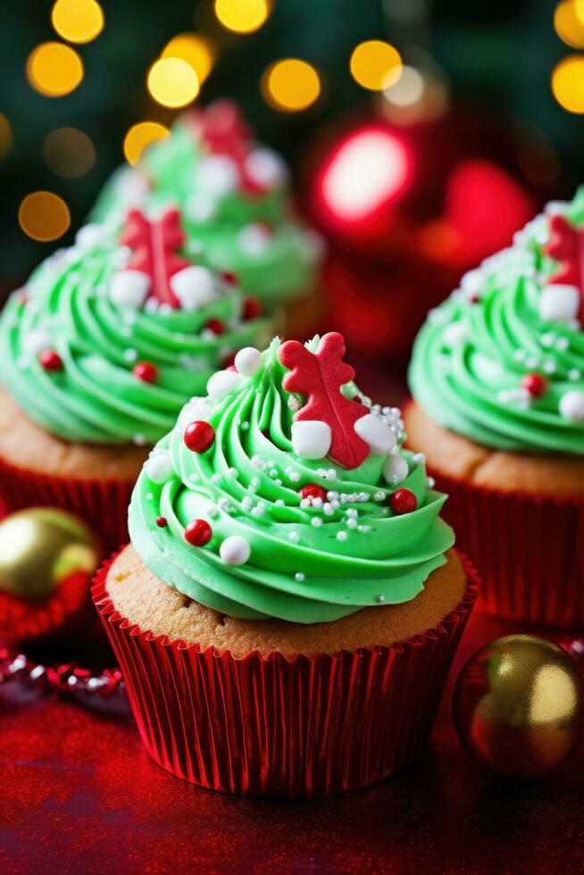 AI generated beautifully decorated cupcakes with festive red and green icing and edible Christmas decorations photo