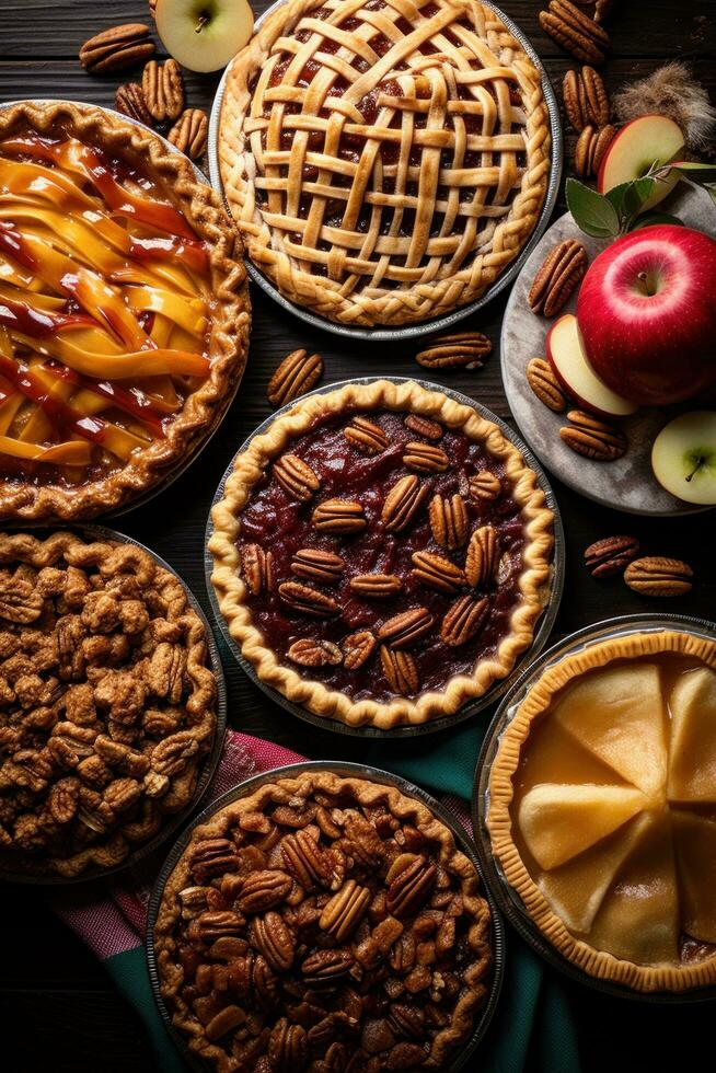 AI generated pies, including apple, pumpkin, and pecan, all with a festive Christmas twist photo