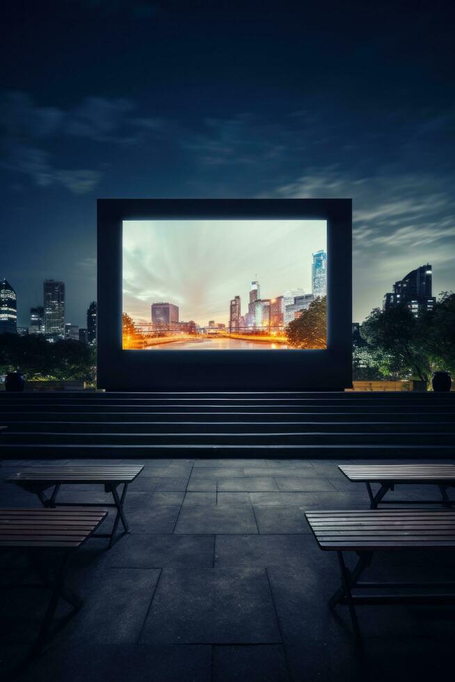 AI generated cinema screen with a cityscape in the background photo