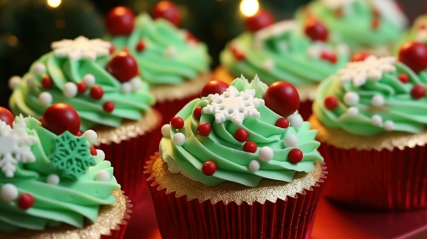 ai generado hermosamente decorado magdalenas con festivo rojo y verde Formación de hielo y comestible Navidad decoraciones foto