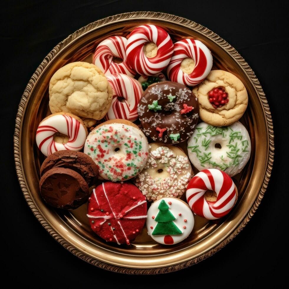 AI generated delicious Christmas cookies on a festive platter, great for a food blog or recipe website photo