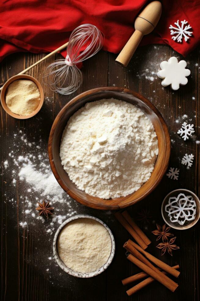 AI generated baking supplies, flour, sugar, cookie cutters, and a rolling pin, for the Christmas baking spirit. photo