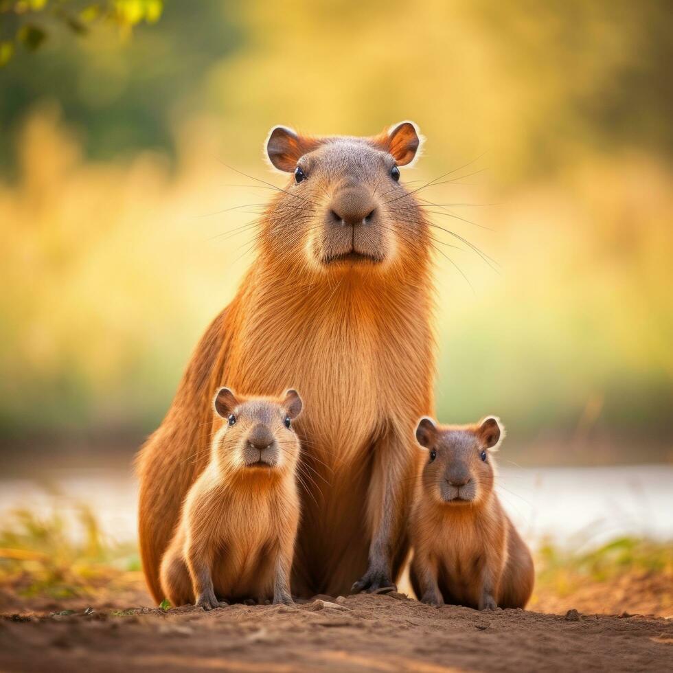 ai generado un adorable foto de un madre carpincho con su bebés, el amoroso enlace Entre estos animales