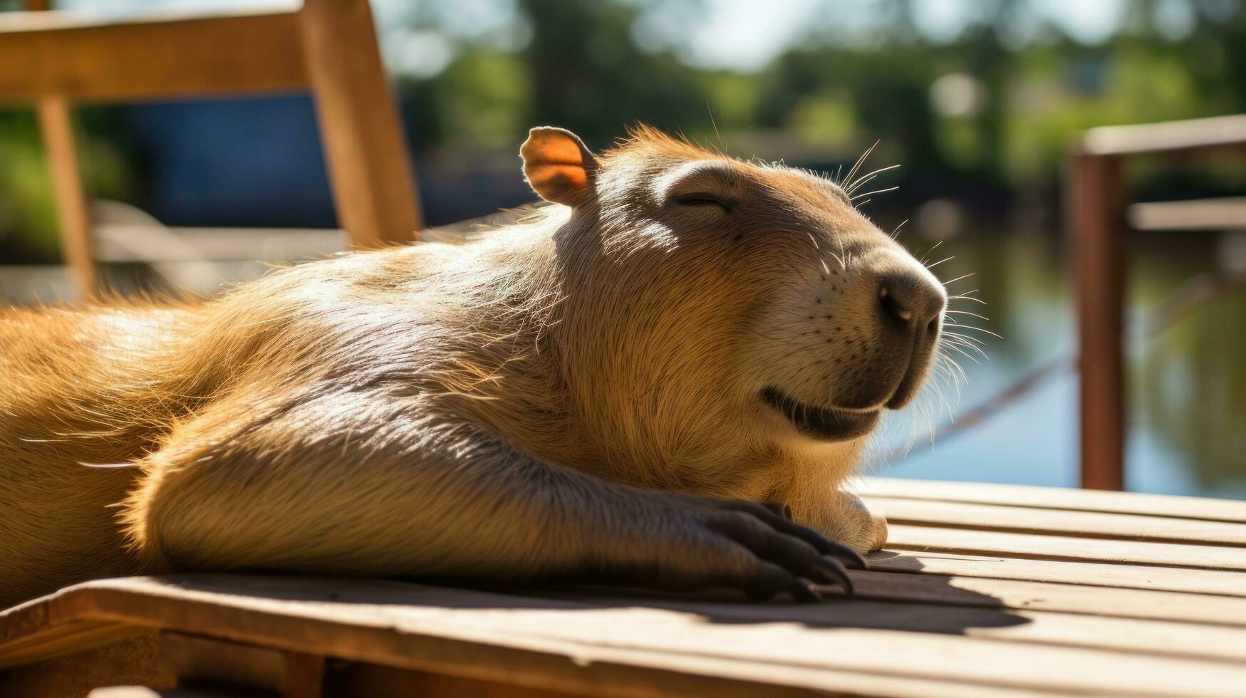 AI generated A relaxing photo of a capybara basking in the sun, enjoying a lazy afternoon