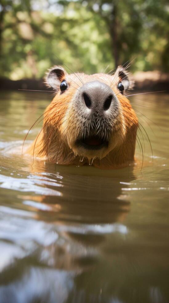 AI generated A relaxing photo of a capybara basking in the sun, enjoying a lazy afternoon