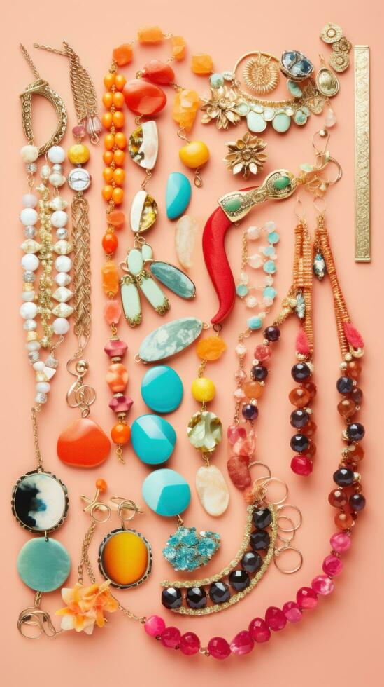 AI generated An overhead shot of a flat lay featuring a variety of colorful accessories like bracelets photo