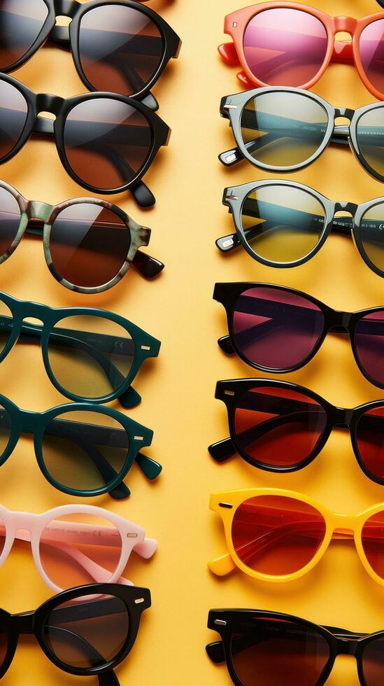 AI generated An overhead shot of a flat lay featuring a variety of sleek and modern sunglasses photo