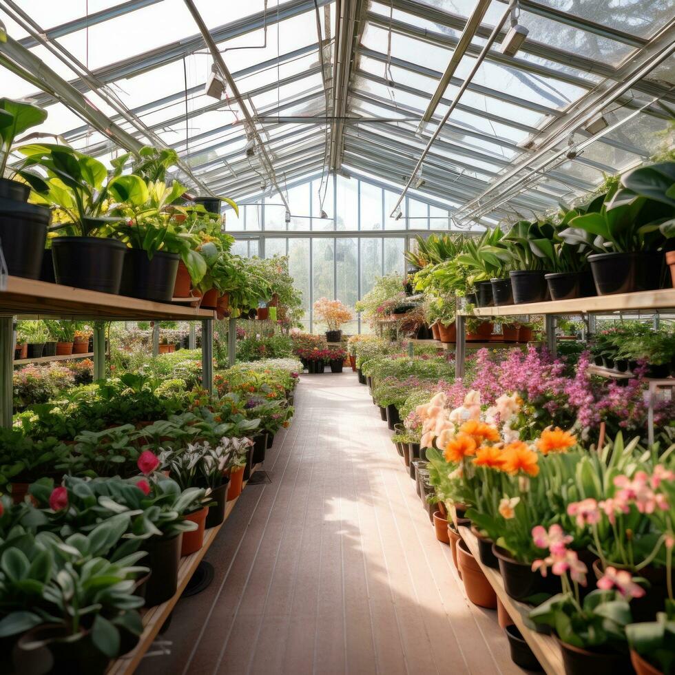 AI generated An image of a clean, modern greenhouse filled with rows of potted plants and flowers photo