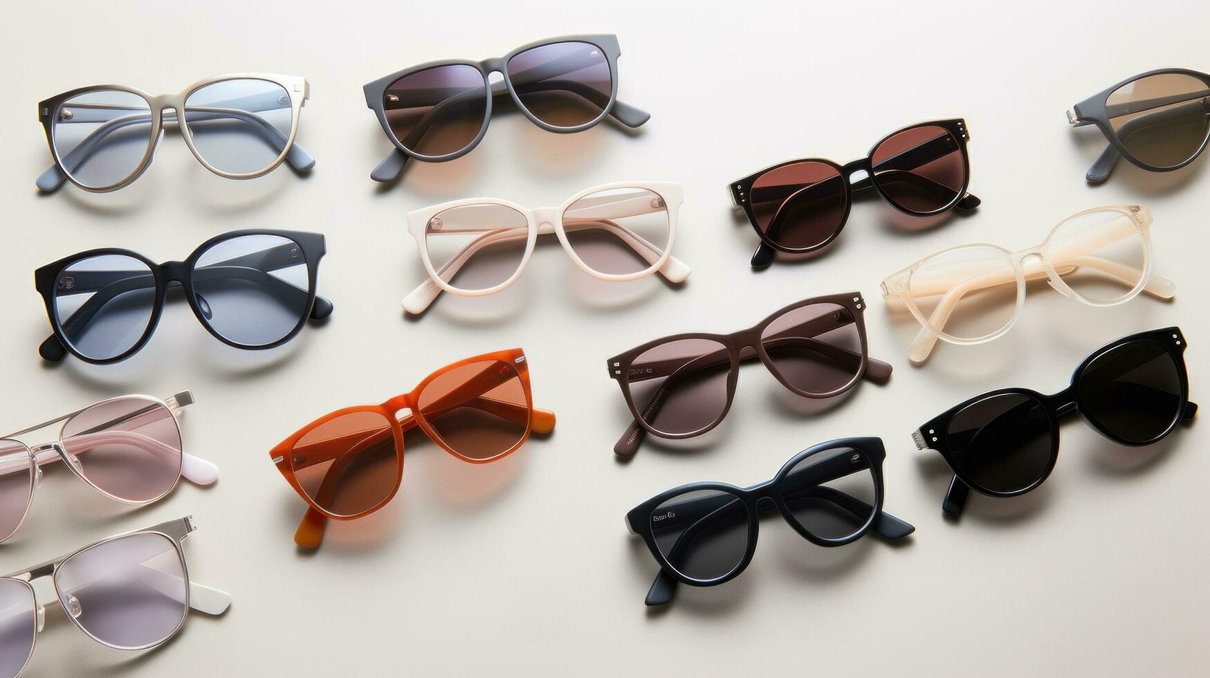 AI generated An overhead shot of a flat lay featuring a variety of sleek and modern sunglasses photo