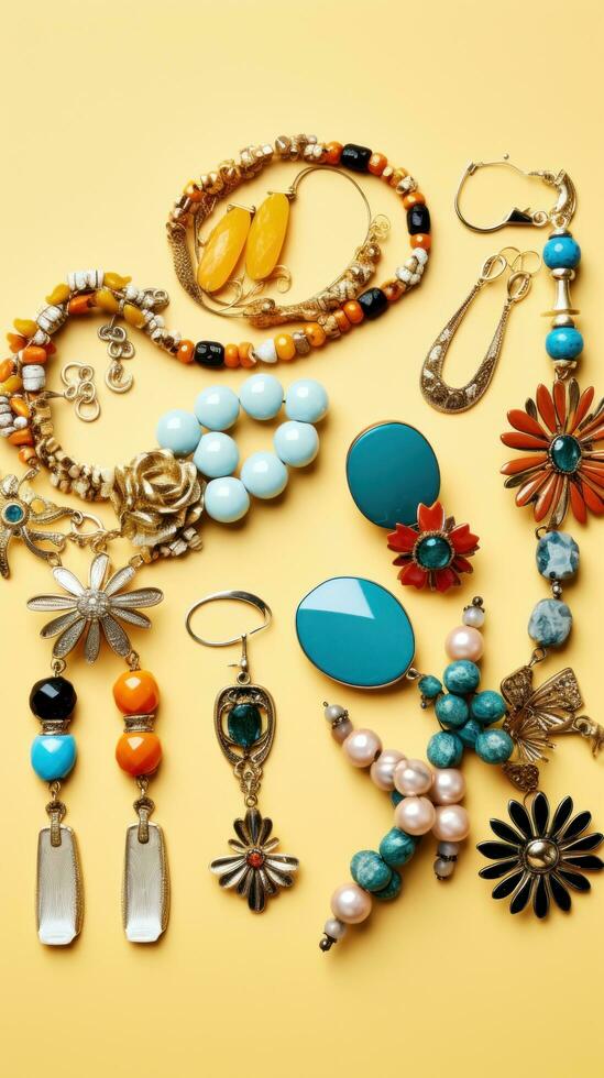 AI generated An overhead shot of a flat lay featuring a variety of colorful accessories like bracelets photo