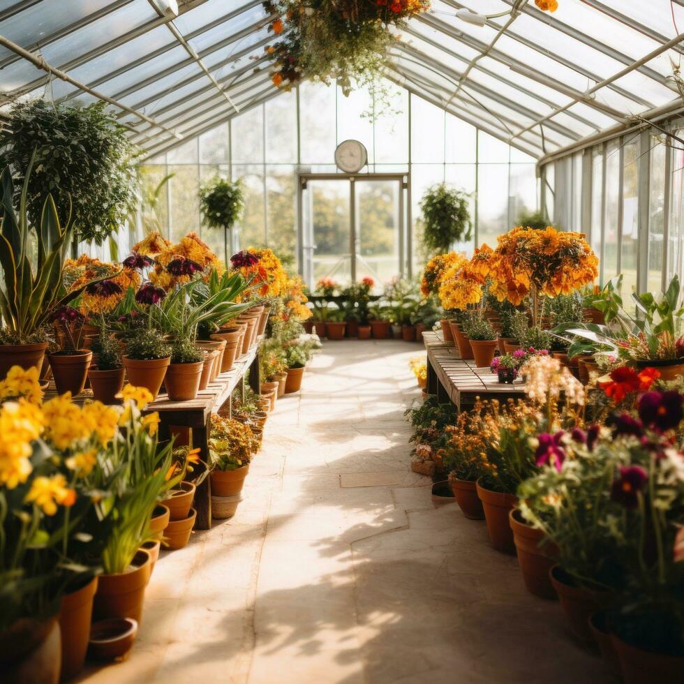 ai generado un imagen de un limpio, moderno invernadero lleno con filas de en conserva plantas y flores foto